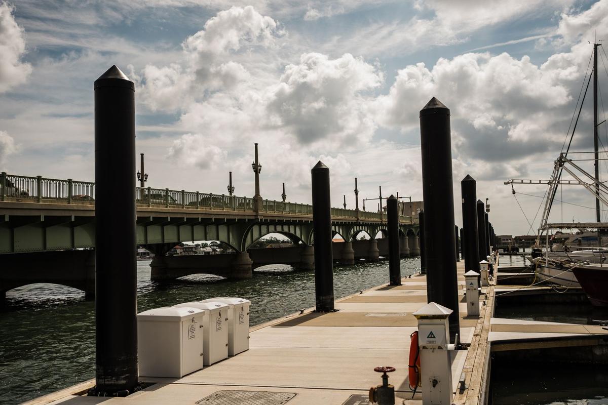 Waterfront structures near the Bridge of Lions in St. Augustine after a storm